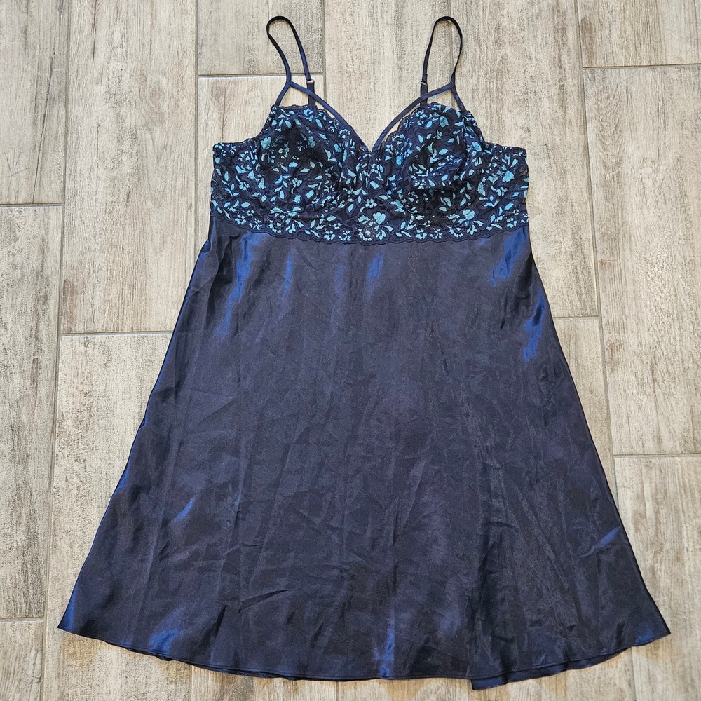 Cacique Chemise Nightgown Size 22/24 Navy Blue Lace Underwire Satin Lingerie